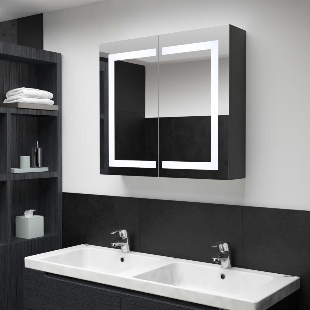 Veidrodinė vonios spintelė su LED apšvietimu, juoda/balta цена и информация | Vonios spintelės | pigu.lt