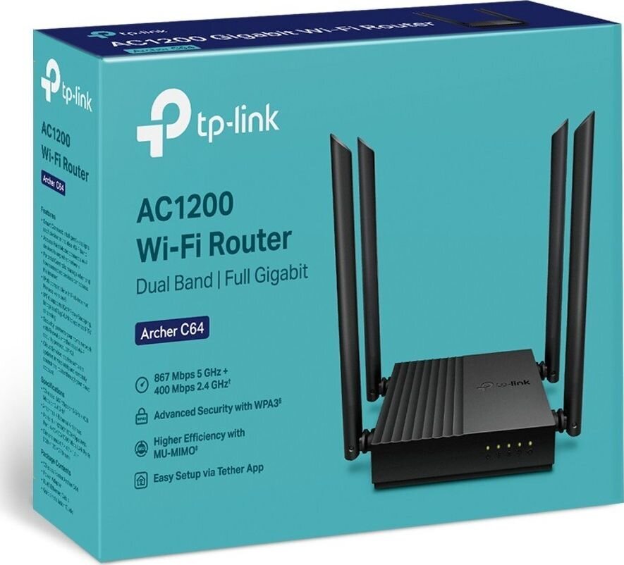 Wireless Router|TP-LINK|Router|1200 Mbps|1 WAN|4x10/100/1000M|ARCHERC64 цена и информация | Maršrutizatoriai (routeriai) | pigu.lt