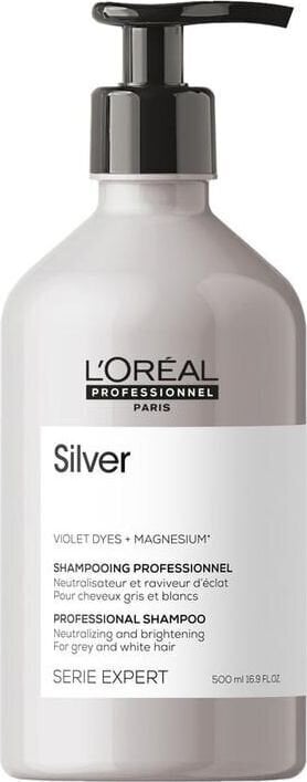 Geltonus atspalvius neutralizuojantis šampūnas žiliems ir šviesintiems plaukams L’Oreal Professionnel Serie Expert Silver 500 ml kaina ir informacija | Šampūnai | pigu.lt