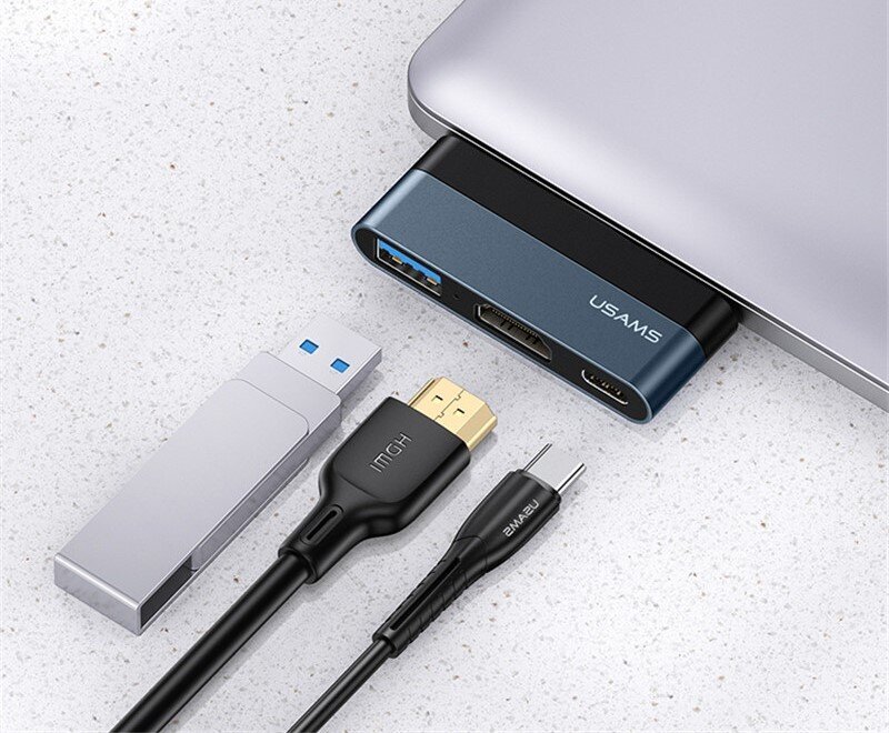 USAMS SJ492 USB-C šakotuvas į 1xUSB, 1xUSB-C, 1xHDMI, Juodas цена и информация | Adapteriai, USB šakotuvai | pigu.lt