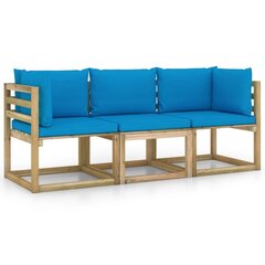 Trivietė sodo sofa su šviesiai mėlynomis pagalvėlėmis, ruda цена и информация | Садовые стулья, кресла, пуфы | pigu.lt