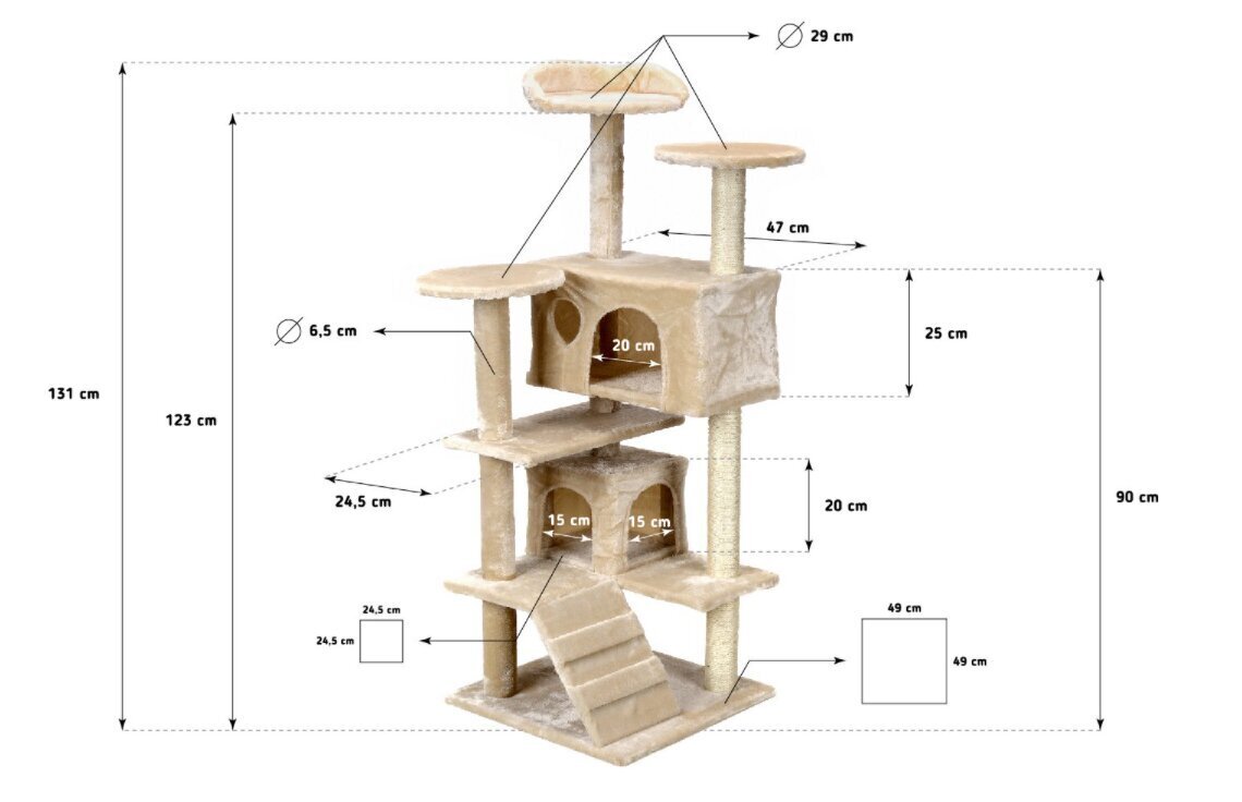 Kačių draskyklė Funfit, 7 lygiai, 131 cm, smėlinė цена и информация | Draskyklės | pigu.lt