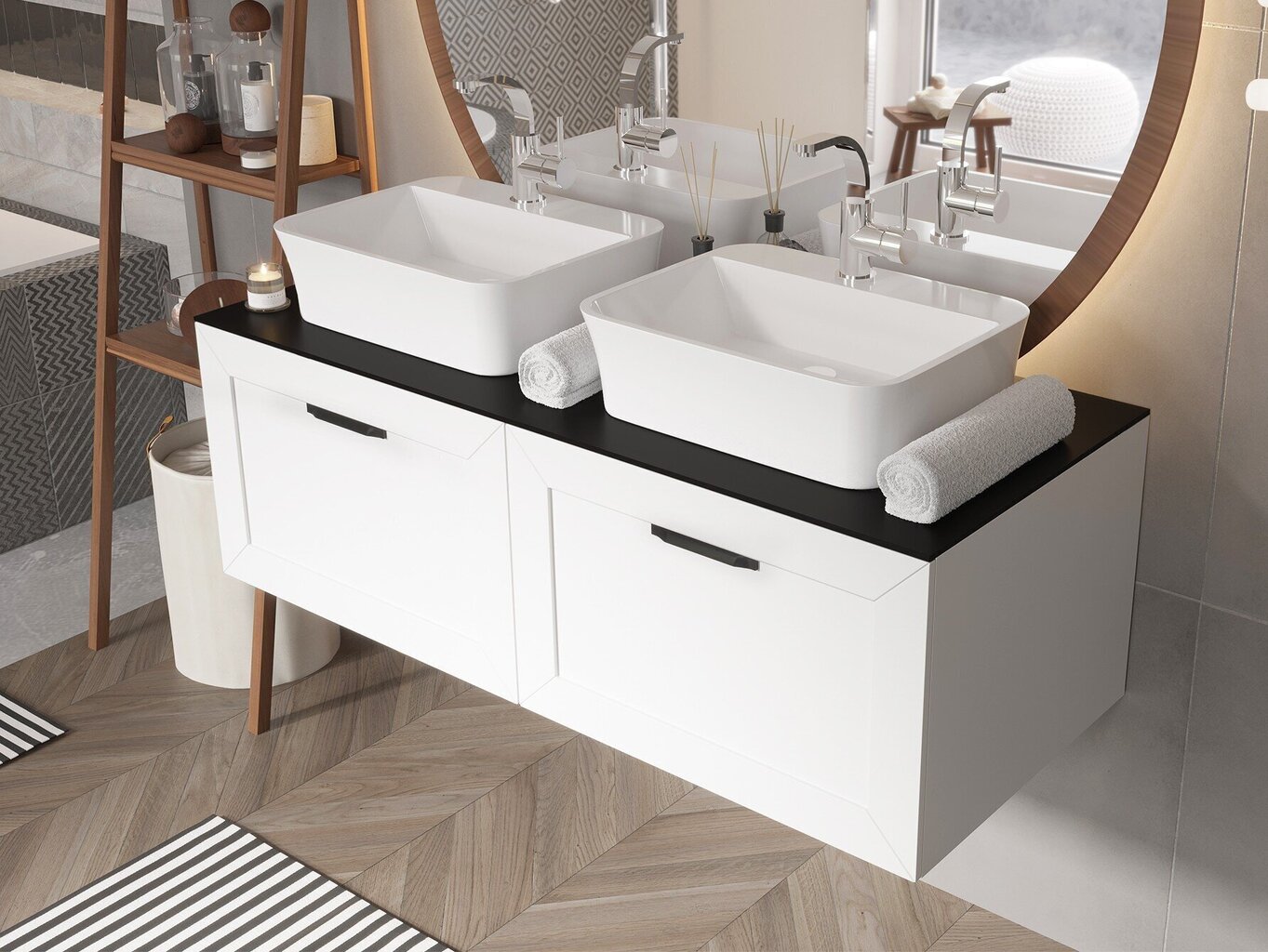 Dviguba vonios spintelė Besco Dexa 120 su Slim marble stalviršiu ir juodomis rankenomis, balta kaina ir informacija | Vonios spintelės | pigu.lt