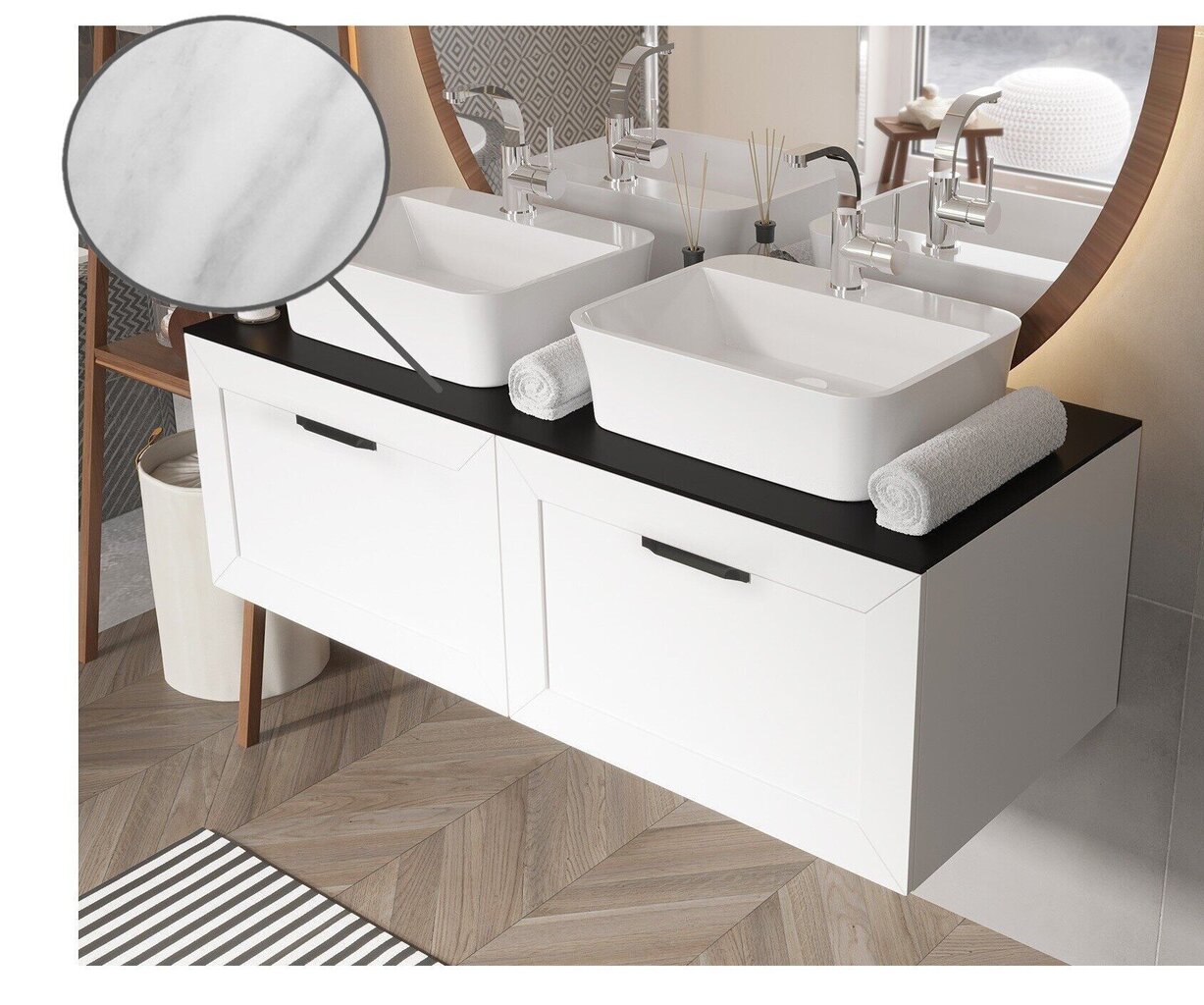 Dviguba vonios spintelė Besco Dexa 160 su Slim marble stalviršiu ir juodomis rankenomis, balta kaina ir informacija | Vonios spintelės | pigu.lt