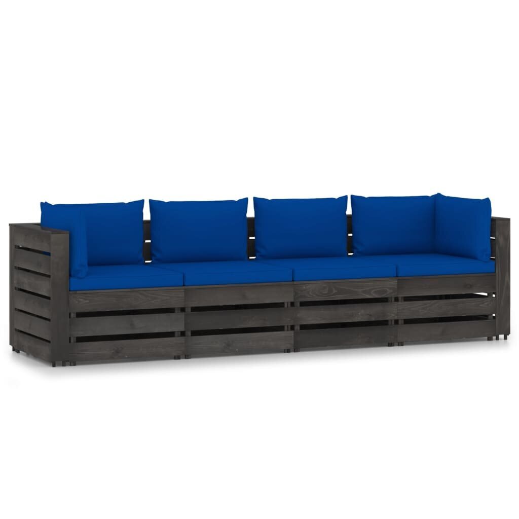 Keturvietė sodo sofa su pagalvėmis, pilkai impregnuota mediena, mėlyna kaina ir informacija | Lauko kėdės, foteliai, pufai | pigu.lt