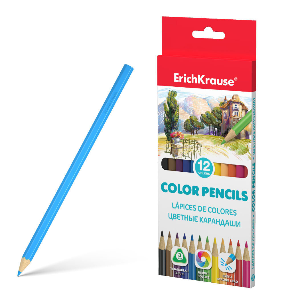 Spalvoti tribriauniai pieštukai, ErichKrause, storis 3mm, 12 spalvų kaina ir informacija | Piešimo, tapybos, lipdymo reikmenys | pigu.lt