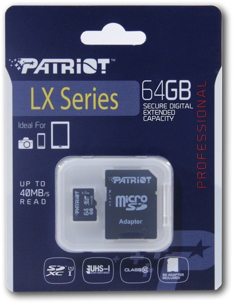 Atminties kortelė microSDXC Patriot LX 64GB + SD adapteris kaina ir informacija | Atminties kortelės telefonams | pigu.lt