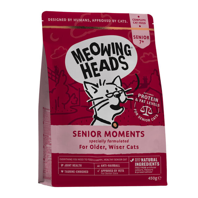 Meowing Heads pagyvenusioms katėms su lašiša ir vištiena, 450 g kaina ir informacija | Sausas maistas katėms | pigu.lt
