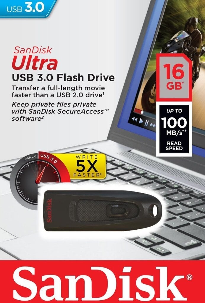 SanDisk 16GB, USB3.0 Flash Drive Ultra kaina ir informacija | USB laikmenos | pigu.lt