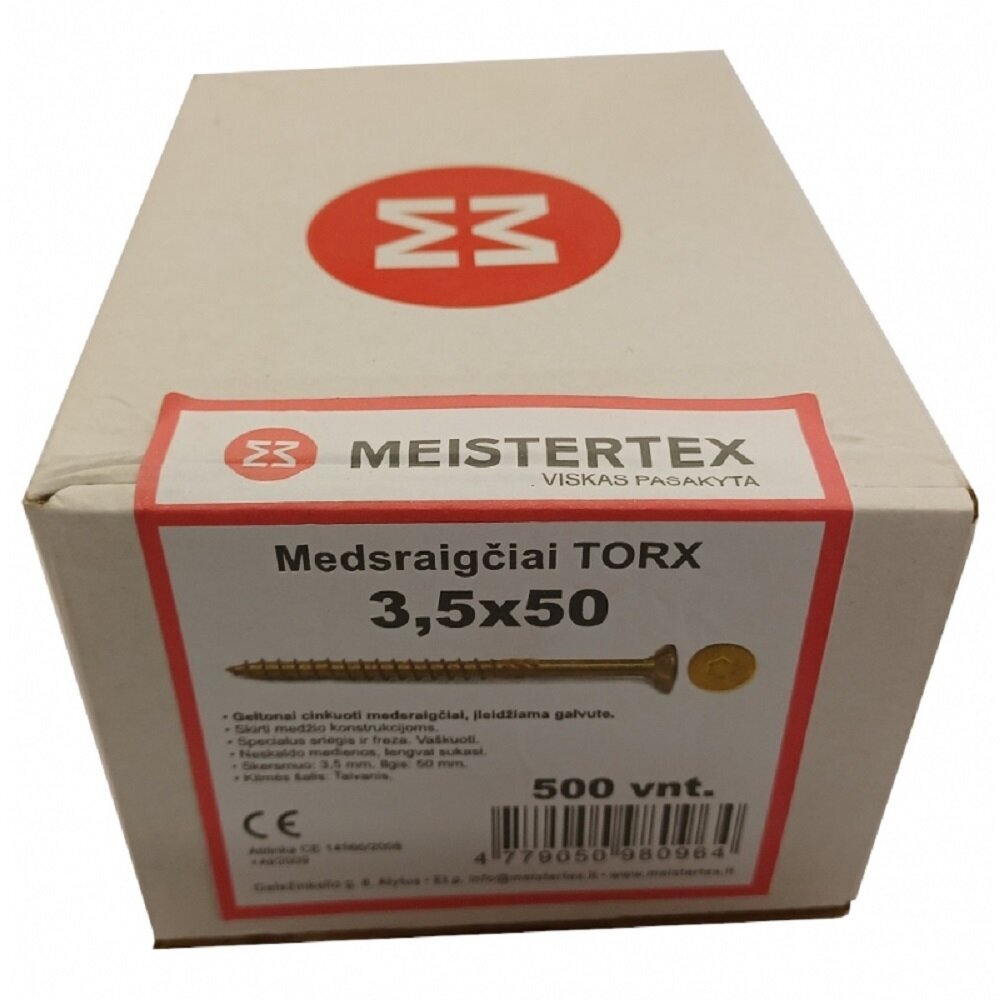 Medsraigčiai Meistertex torx 3,5 x 50 geltoni, įleidžiama galva 500 vnt. kaina ir informacija | Tvirtinimo detalės | pigu.lt