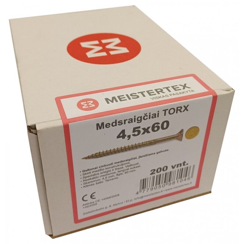 Medsraigčiai Meistertex torx 4,5 x 60 geltoni, įleidžiama galva, 200 vnt. kaina ir informacija | Tvirtinimo detalės | pigu.lt