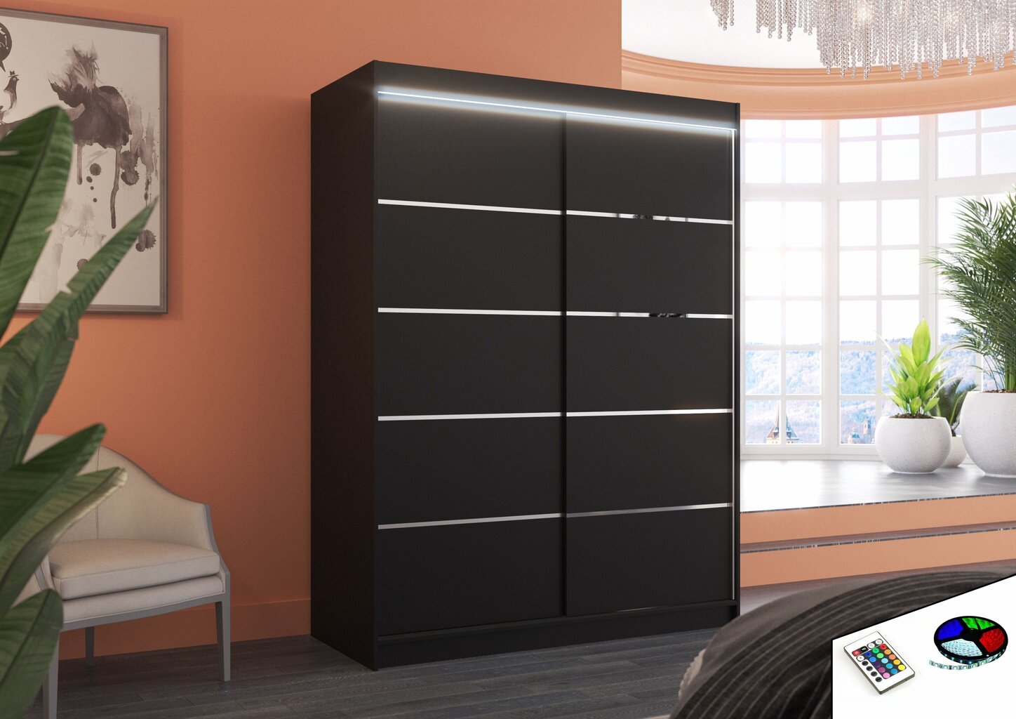Spinta su LED apšvietimu ADRK Furniture Luft, juoda kaina ir informacija | Spintos | pigu.lt