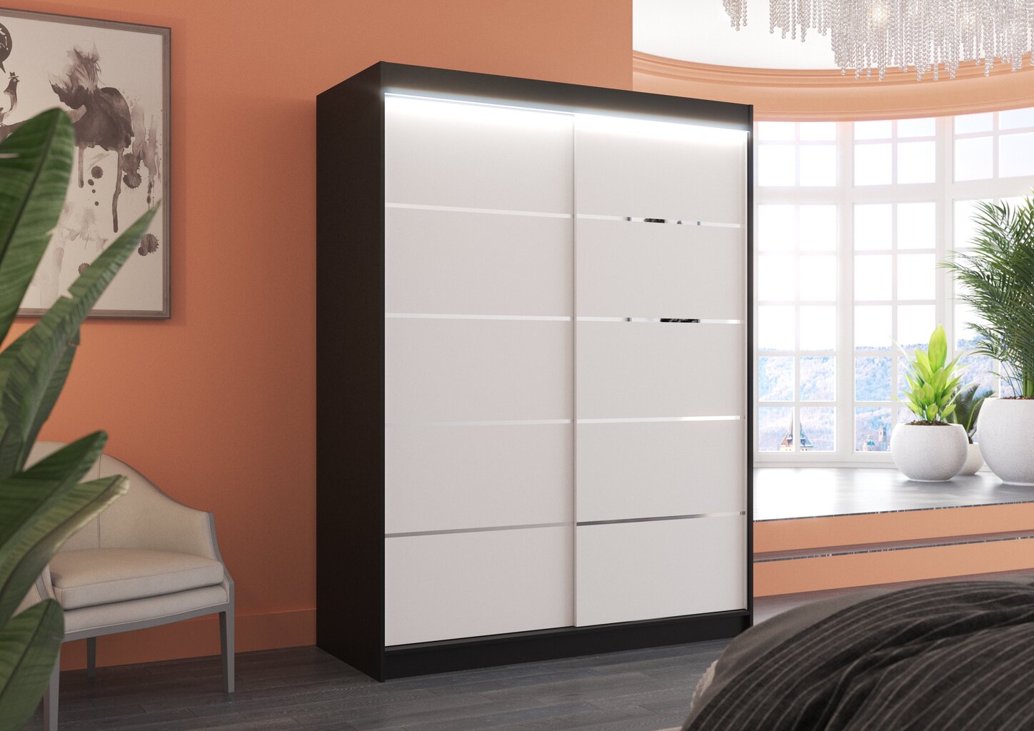 Spinta su LED apšvietimu ADRK Furniture Luft, juoda/balta kaina ir informacija | Spintos | pigu.lt