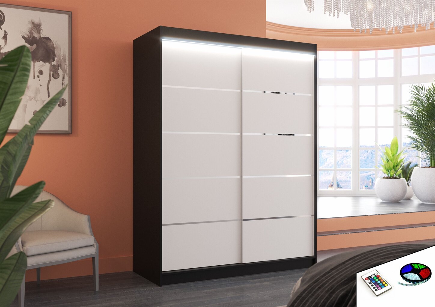 Spinta su LED apšvietimu ADRK Furniture Luft, juoda/balta kaina ir informacija | Spintos | pigu.lt
