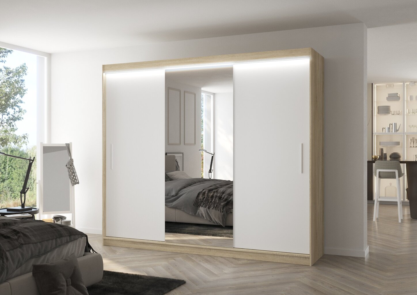 Spinta su LED apšvietimu ADRK Furniture Denis, ąžuolo spalvos/balta kaina ir informacija | Spintos | pigu.lt