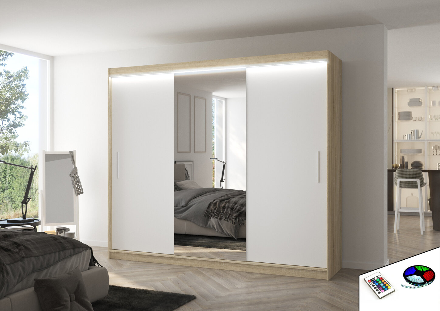 Spinta su LED apšvietimu ADRK Furniture Denis, ąžuolo spalvos/balta kaina ir informacija | Spintos | pigu.lt