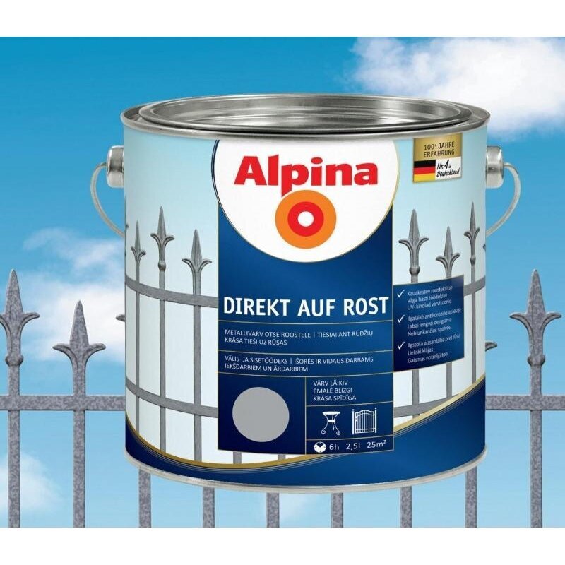 Antikoroziniai dažai Alpina Direkt auf Rost 2,5l sidabro spalvos kaina ir informacija | Dažai | pigu.lt