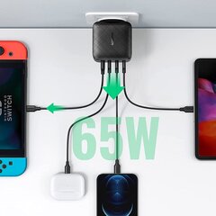 Быстрое настенное зарядное устройство Ugreen PPS 65W USB / 3x USB Type C Quick Charge 3.0 Power Delivery SCP FCP AFC (нитрид галлия), черное (CD224 70774) цена и информация | Зарядные устройства для телефонов | pigu.lt