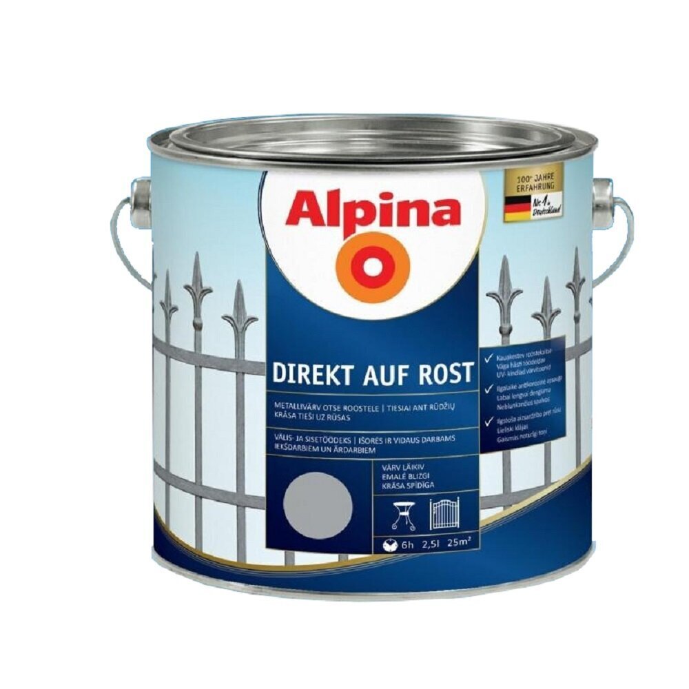 Metalo dažai Alpina Direkt auf Rost 2.5l juodi kaina ir informacija | Dažai | pigu.lt