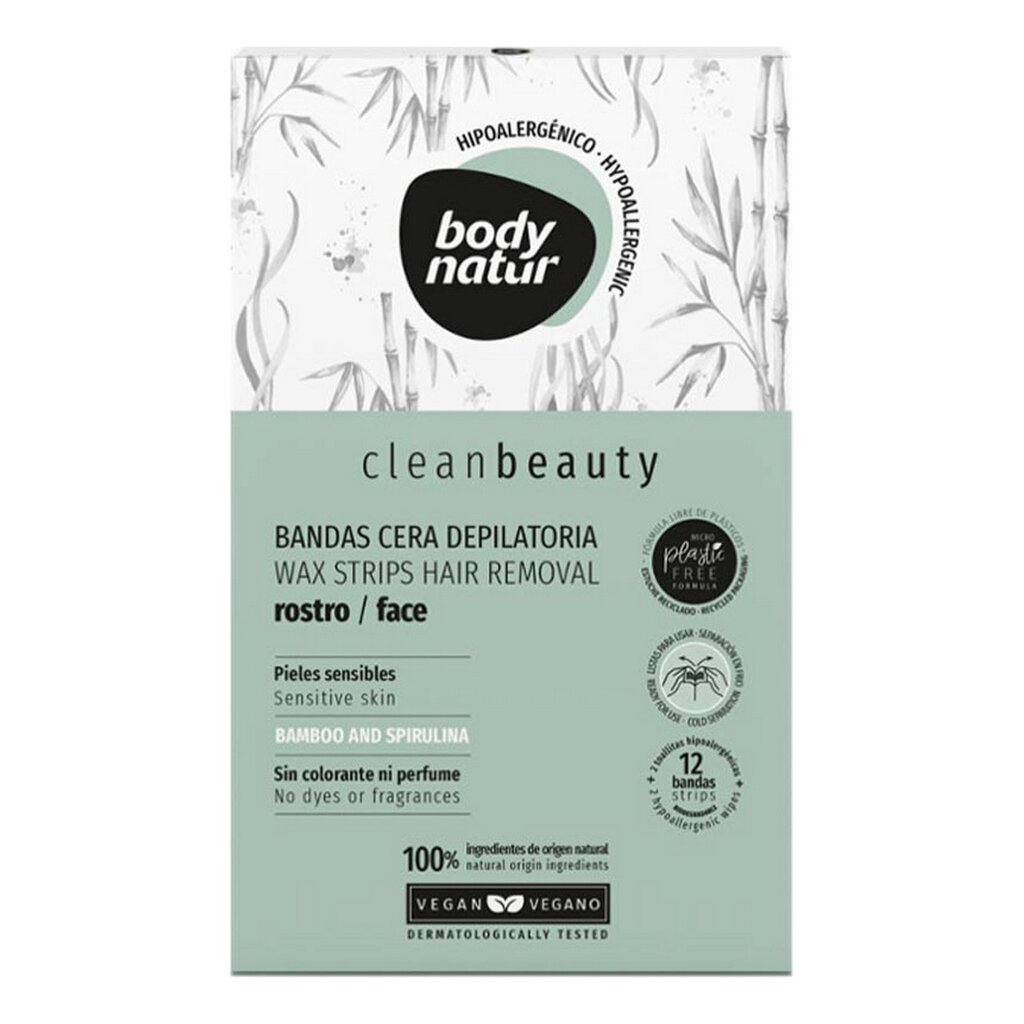 Depiliacinės juostelės veidui Body Natur Clean Beauty 12 vnt. kaina ir informacija | Depiliacijos priemonės | pigu.lt