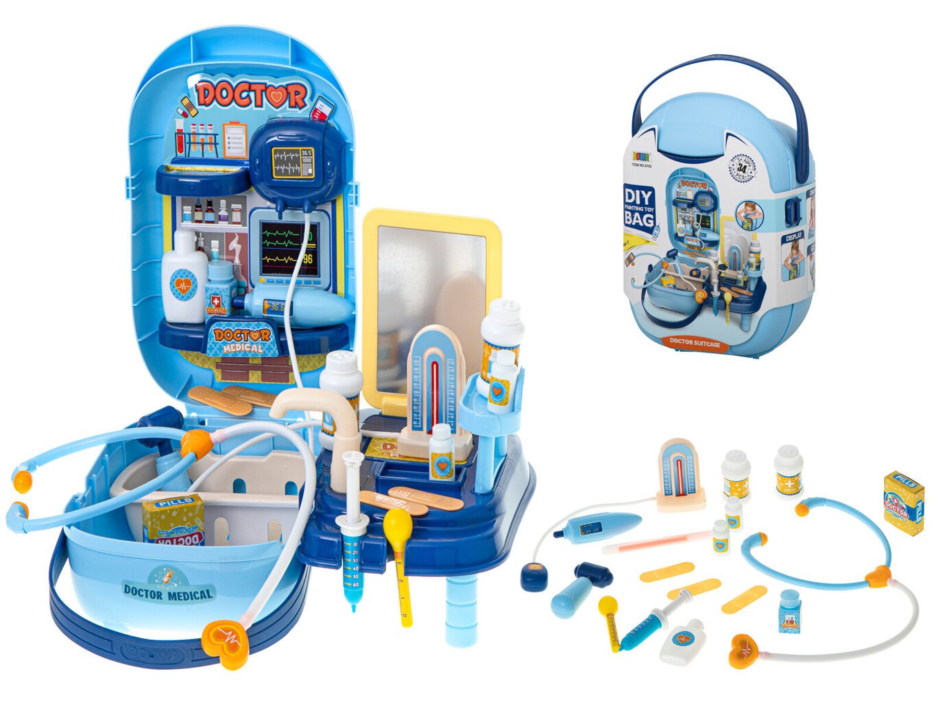 Daktaro rinkinys lagaminėlyje su staliuku ir 34 priedais, mėlynas, 3 m.+ kaina ir informacija | Žaislai mergaitėms | pigu.lt