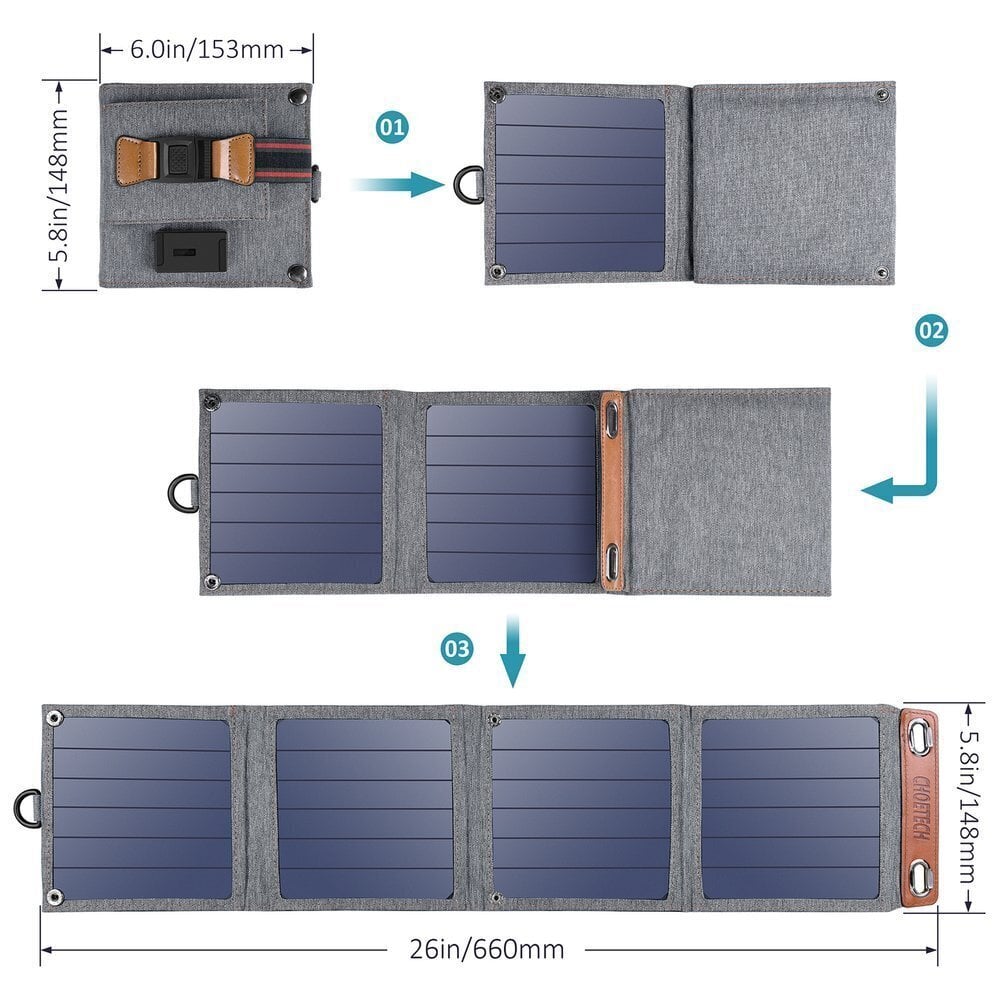 Choetech Foldable Travel Solar Solar Solar Charger 14W with USB 5V / 2.4A Solar Panel Gray (SC004) kaina ir informacija | Atsarginiai maitinimo šaltiniai (power bank) | pigu.lt