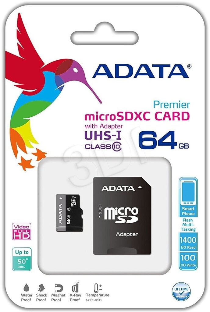 Atminties kortelė A-Data microSD(XC), 64 GB, UHS-I 10 klasė + SD adapteris цена и информация | Atminties kortelės telefonams | pigu.lt