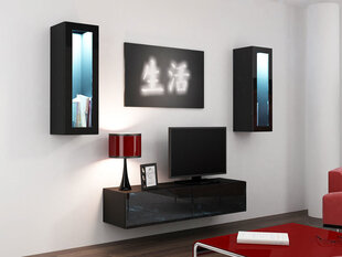 Sekcija Vigo VIII + baltas LED apšvietimas, juoda, 210x40x180 cm kaina ir informacija | Sekcijos | pigu.lt