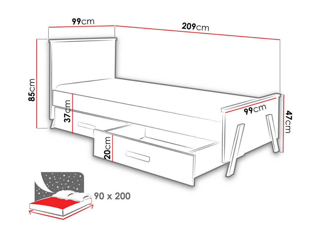 Lova Kora, 90 x 200 cm + patalynės stalčiai kaina ir informacija | Lovos | pigu.lt