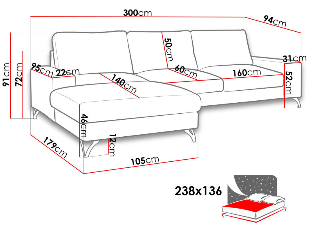 Kampinė sofa-lova Flavio kaina ir informacija | Minkšti kampai | pigu.lt