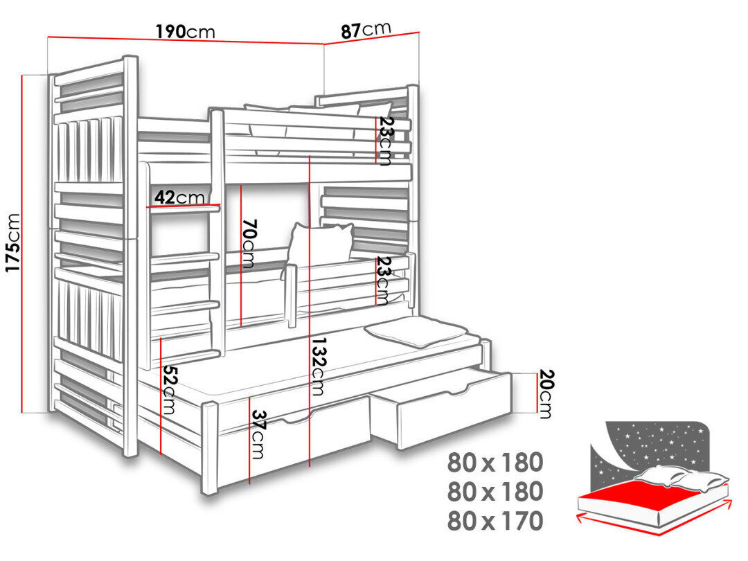 Vaikiška dviaukštė 3-vietė lova Hipolit 80x180cm, juodos/smėlio spalvos цена и информация | Vaikiškos lovos | pigu.lt
