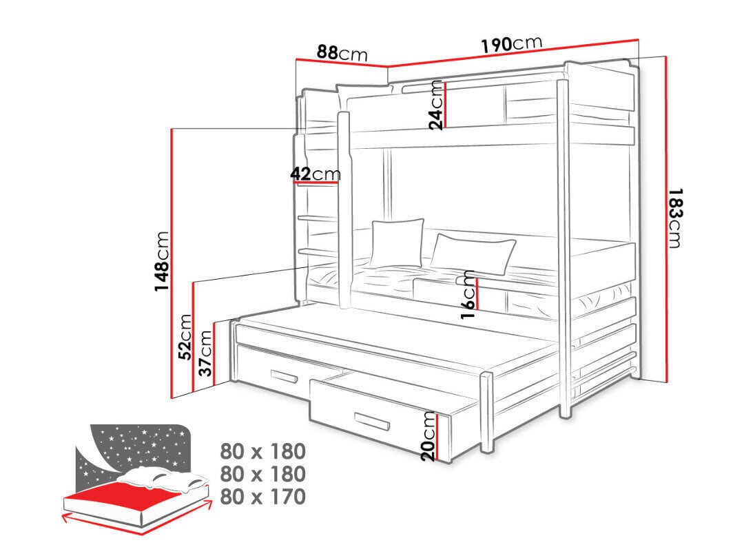 Vaikiška dviaukštė lova Quatro 80x180cm, balta/pilka kaina ir informacija | Vaikiškos lovos | pigu.lt