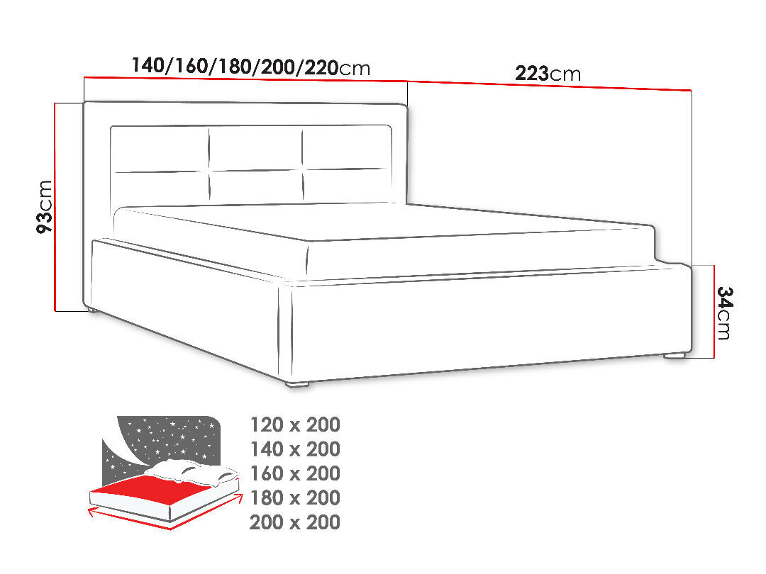 Lova Clasic 200x200cm su pakeliamomis grotelėmis, pilka kaina ir informacija | Lovos | pigu.lt