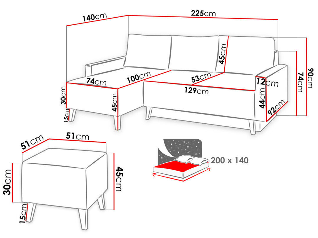 Kampinė sofa-lova Oviedo + pufas kaina ir informacija | Minkštų baldų komplektai | pigu.lt