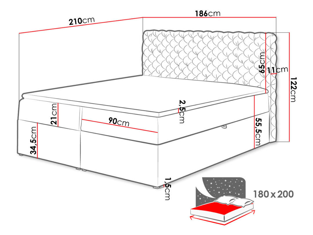 Kontinentinė lova su antčiužiniu Black Red White Chesterfield, žalia kaina ir informacija | Lovos | pigu.lt