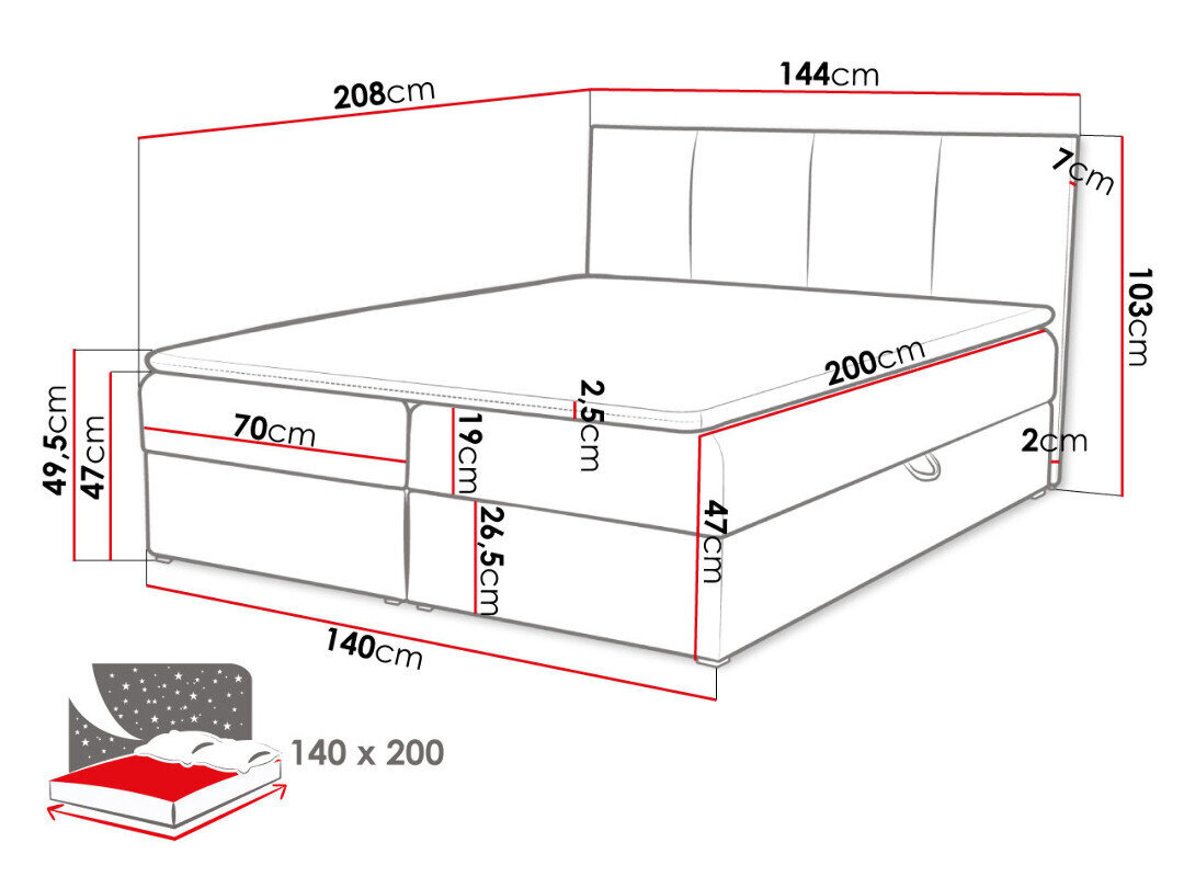 Lova kontinentinė Rebos 140x200 cm kaina ir informacija | Lovos | pigu.lt