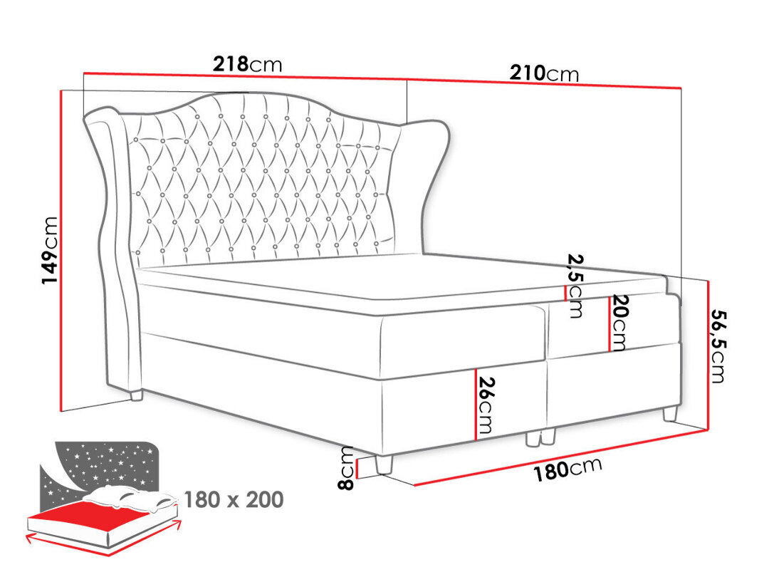 Kontinentinė lova Black Red White Livia, mėlyna kaina ir informacija | Lovos | pigu.lt
