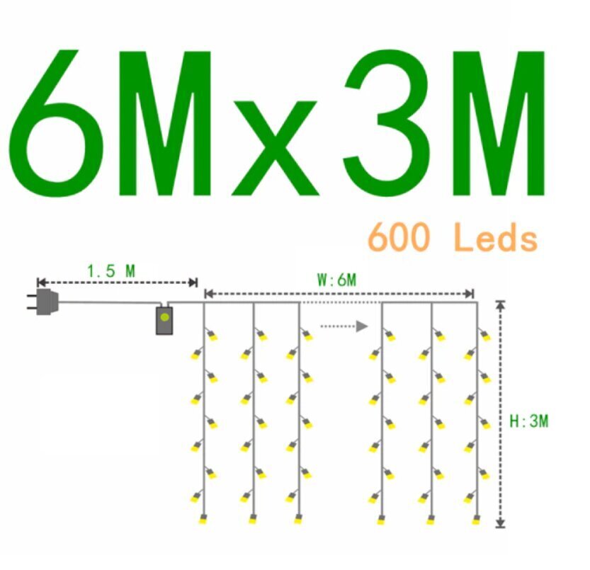 Girlianda-užuolaida 600 LED 6x3 m, šilta balta kaina ir informacija | Girliandos | pigu.lt