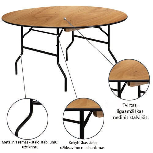 Apvalus medinis stalas, 180 cm kaina ir informacija | Lauko stalai, staliukai | pigu.lt