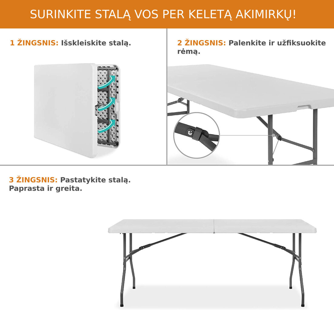 Sulankstomas stalas, 180x74 cm, baltas цена и информация | Lauko stalai, staliukai | pigu.lt