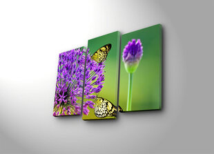 Trijų dalių reprodukcija Geltoni drugeliai ant violetinių gėlių kaina ir informacija | Reprodukcijos, paveikslai | pigu.lt