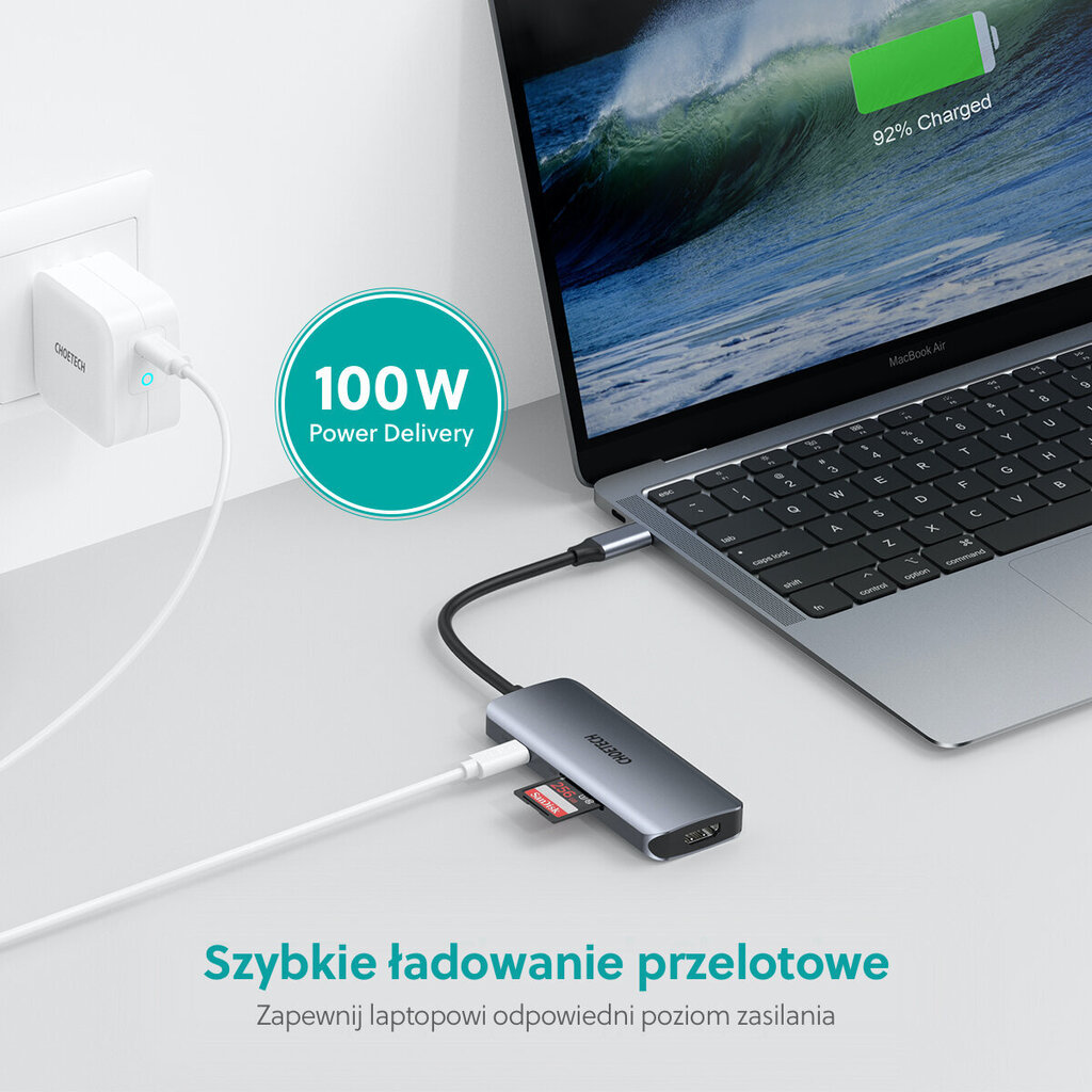 Adapteris Choetech HUB-M19 USB-C 7W1 4K PD 100W, pilkas kaina ir informacija | Adapteriai, USB šakotuvai | pigu.lt