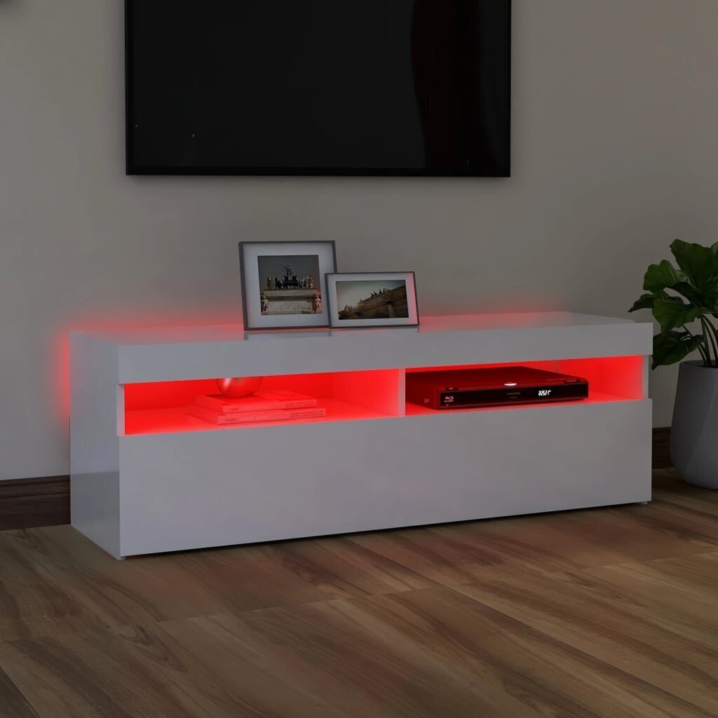 TV spintelė su LED apšvietimu, 120x35x40 cm, balta, blizgi kaina ir informacija | TV staliukai | pigu.lt