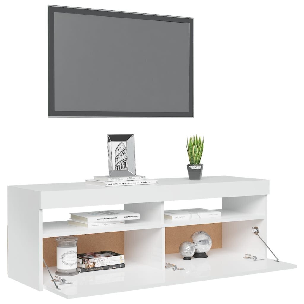 TV spintelė su LED apšvietimu, 120x35x40 cm, balta, blizgi kaina ir informacija | TV staliukai | pigu.lt