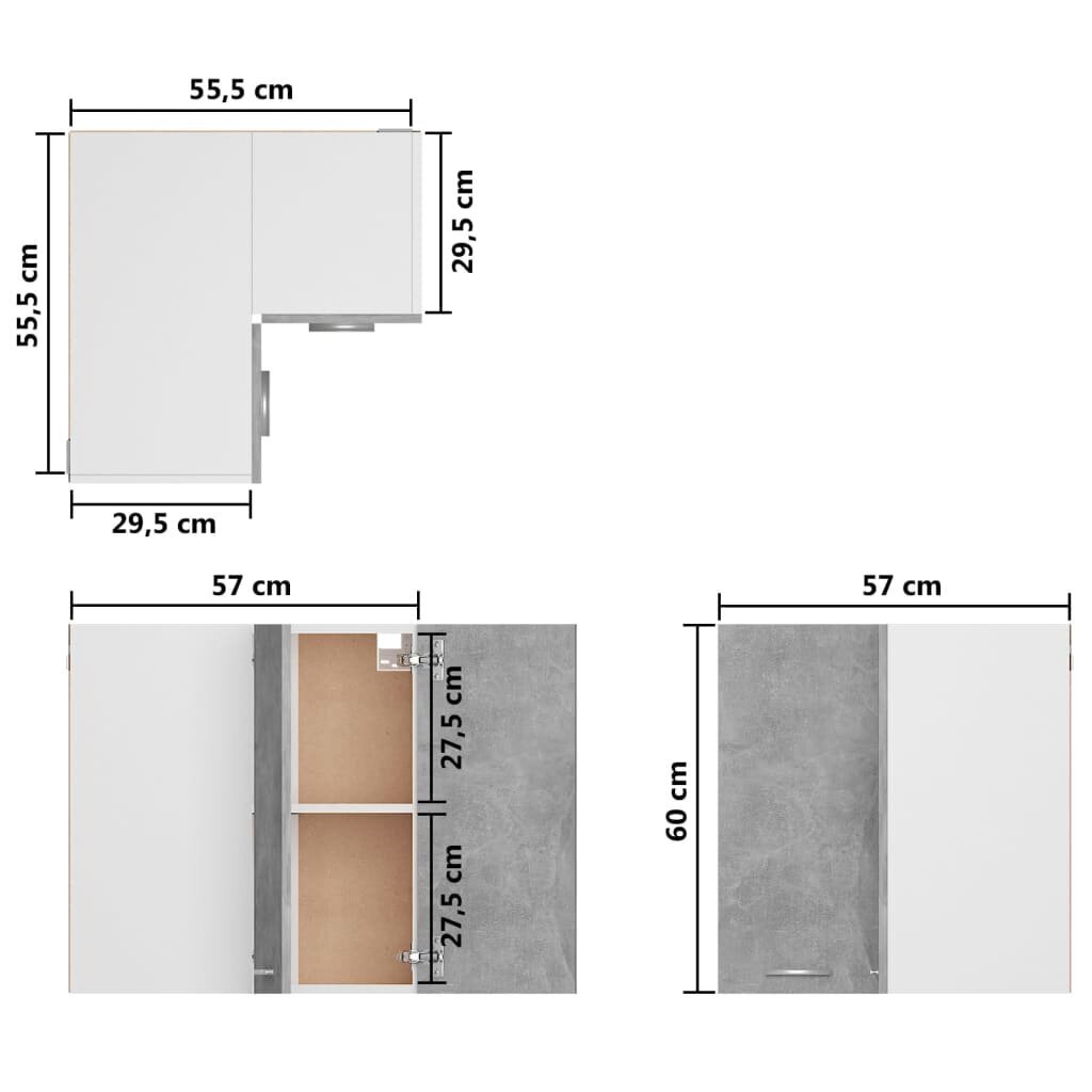 Pakabinama kampinė spintelė, 57x57x60 cm, pilka kaina ir informacija | Virtuvinės spintelės | pigu.lt