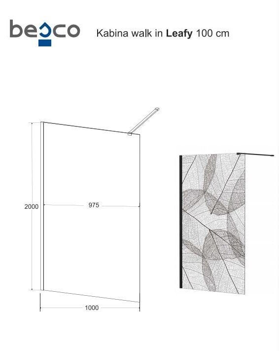 Walk-In dušo sienelė Besco Leafy, 100,110,120 x 200 cm kaina ir informacija | Dušo durys ir sienelės | pigu.lt