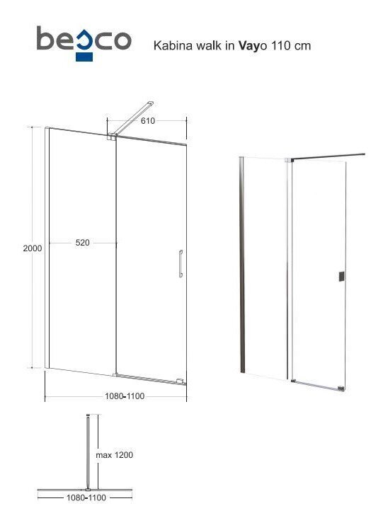 Walk-In dušo kabina Besco Vayo, 100,110,120 x 200 cm цена и информация | Dušo durys ir sienelės | pigu.lt