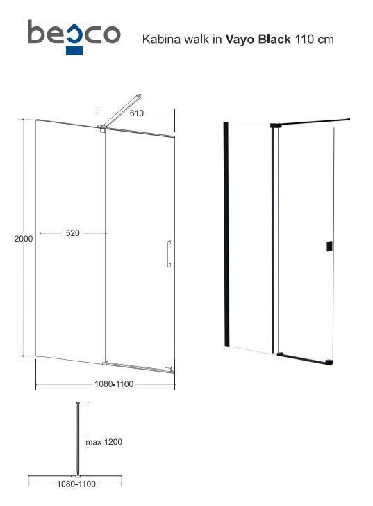 Walk-In dušo kabina Besco Vayo Black, 100,110,120 x 200 cm цена и информация | Dušo durys ir sienelės | pigu.lt