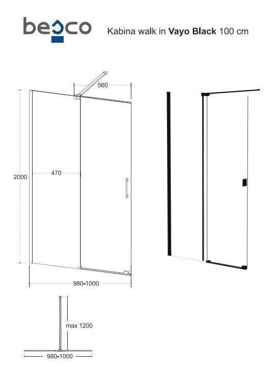 Walk-In dušo kabina Besco Vayo Black, 100,110,120 x 200 cm цена и информация | Dušo durys ir sienelės | pigu.lt