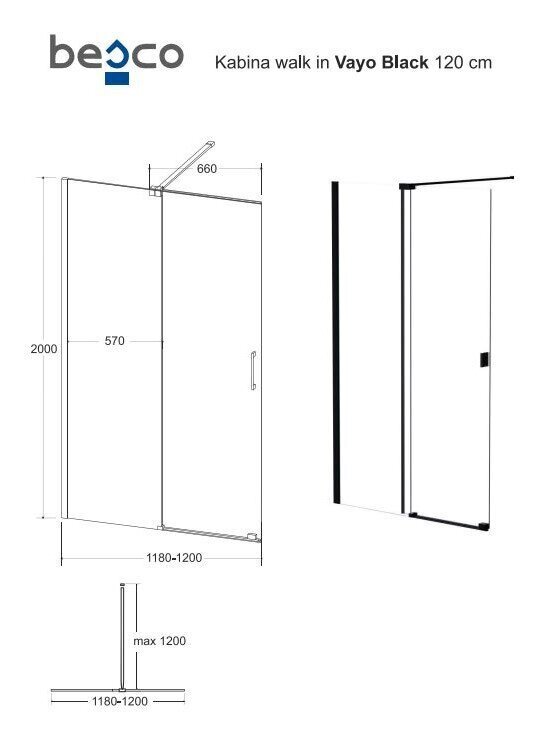 Walk-In dušo kabina Besco Vayo Black, 100,110,120 x 200 cm kaina ir informacija | Dušo durys ir sienelės | pigu.lt